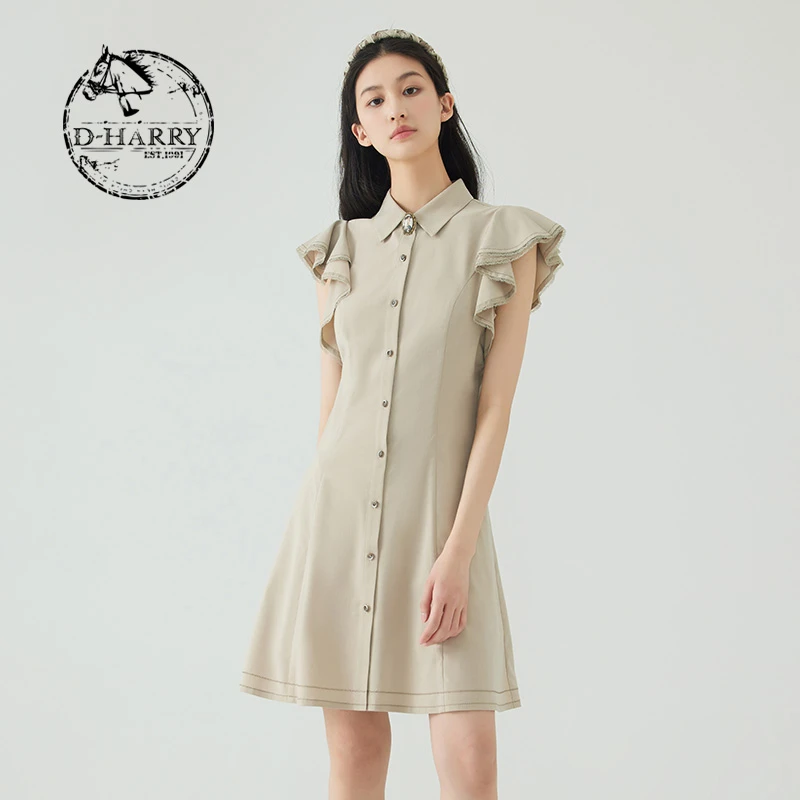 D-HARRY/迪哈利气质夏新款复古优雅杏色荷叶袖连衣裙DH232J96108D
