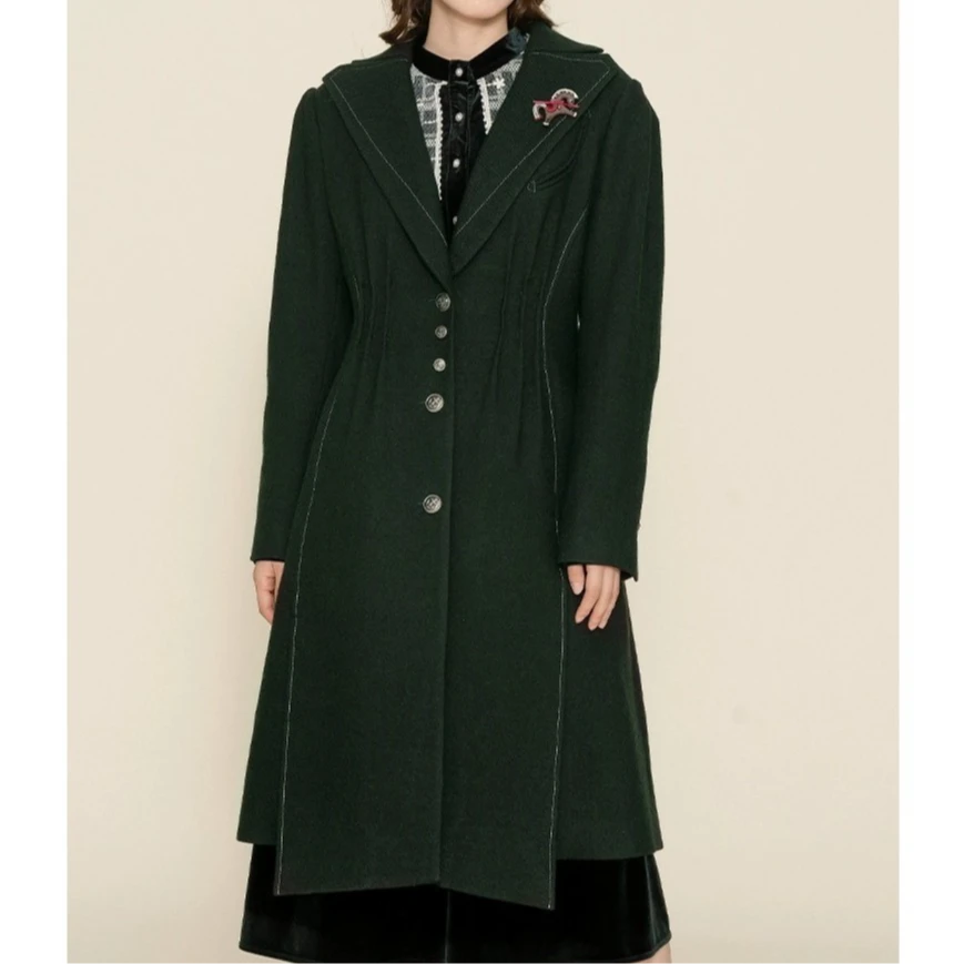 D-HARRY/迪哈利墨绿色单排扣收腰连衣裙女冬季中长款DH224F95788D