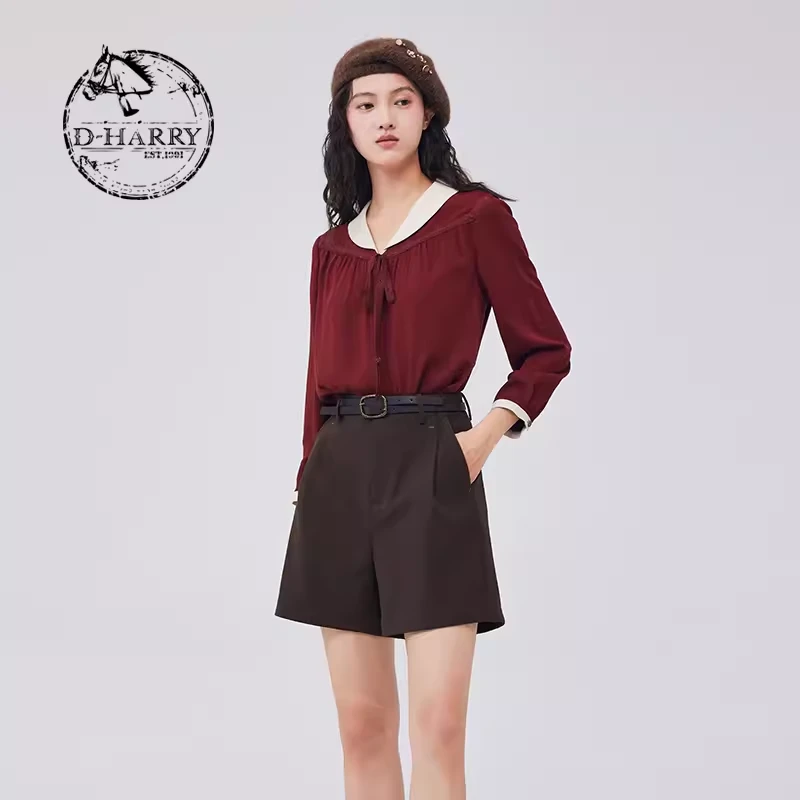 D-HARRY/迪哈利2023秋季新款复古文艺风红色长袖衬衫DH233D96355D