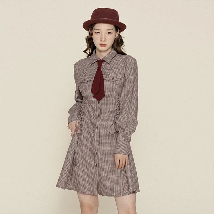 D-HARRY/迪哈利春冬新款格纹领带连衣裙女复古中长裙DH224J95823T