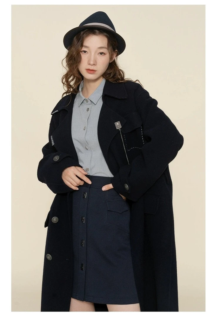 D-HARRY/迪哈利藏青色双面尼大衣女简约宽松毛呢外套DH224F95590D