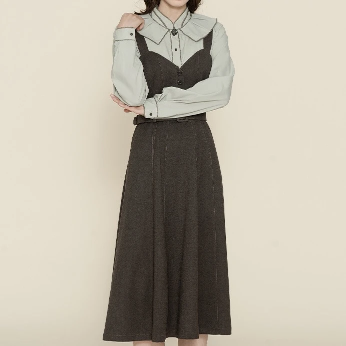 D-HARRY/迪哈利复古咖啡色收腰吊带裙女中长款连衣裙DH224J95759D