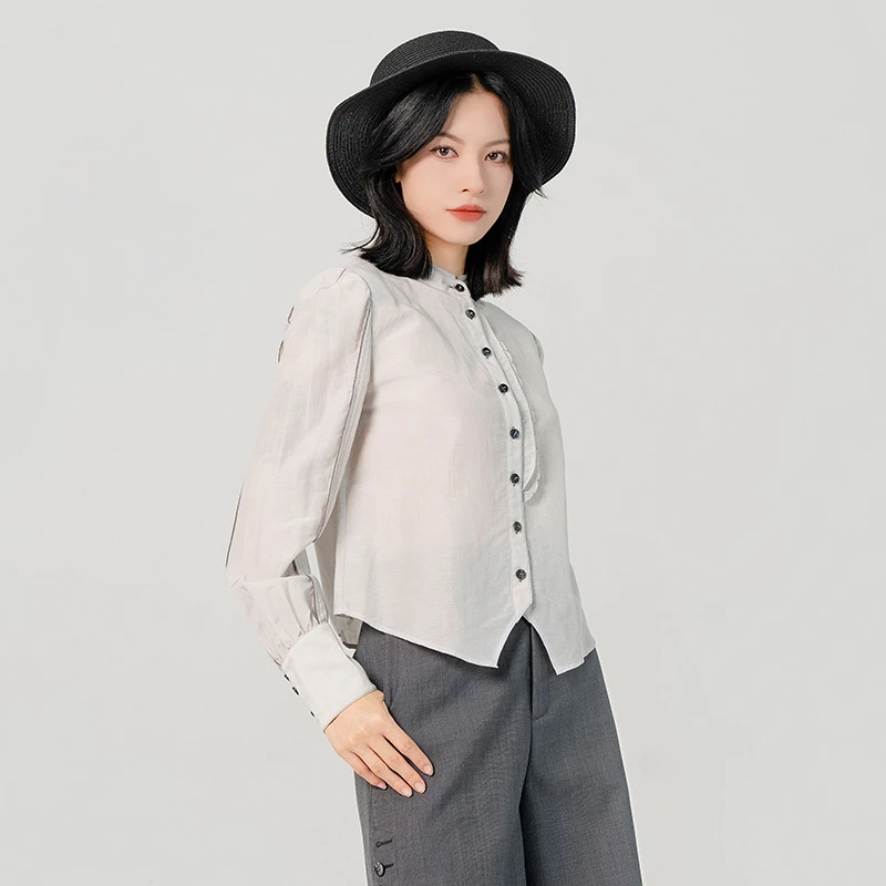 D-HARRY/迪哈利2023春季新款简约立领泡泡袖灰色衬衫DH231D95983D