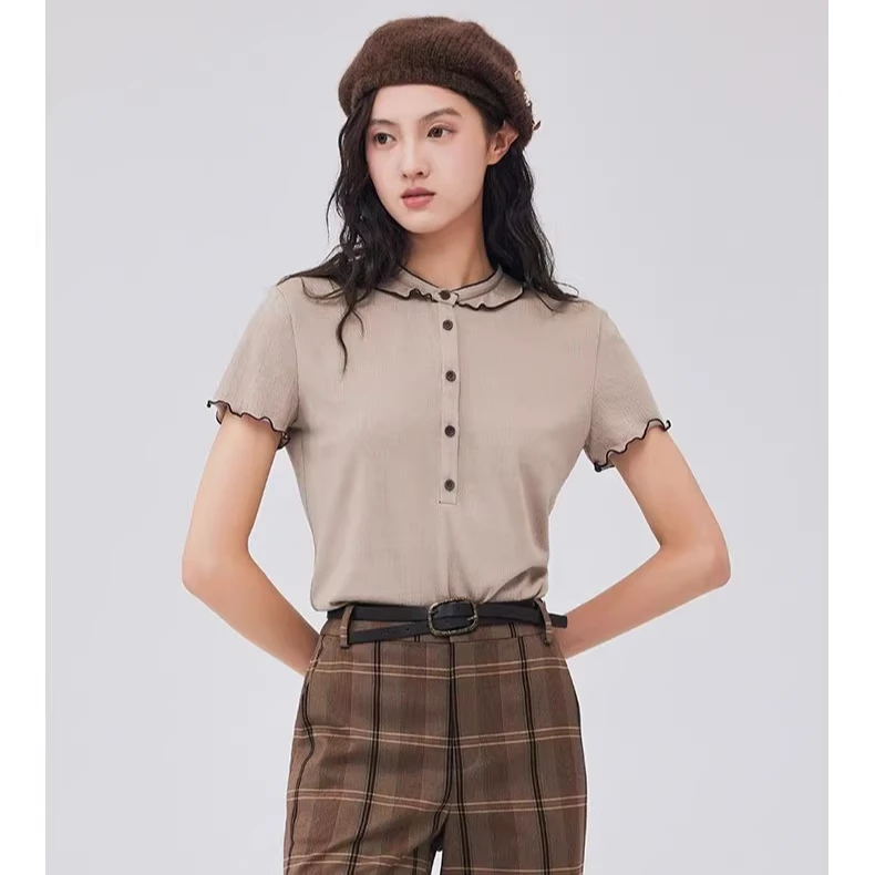 D-HARRY/迪哈利2023秋季新款复古荷叶撞色边针织T恤DH233B96352D