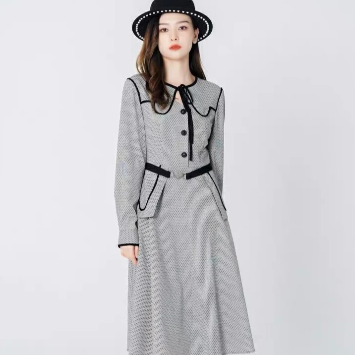 D-HARRY/迪哈利22秋格子连衣裙长袖春装新款复古显瘦DH223J95352D