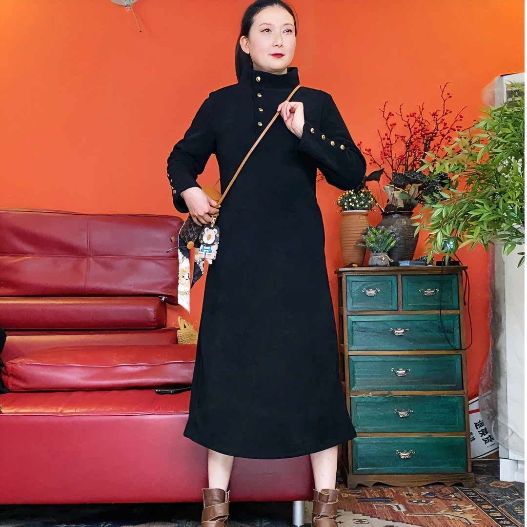加绒加厚连衣裙网红复古红色中式加厚礼服气质中长款女冬款打底裙