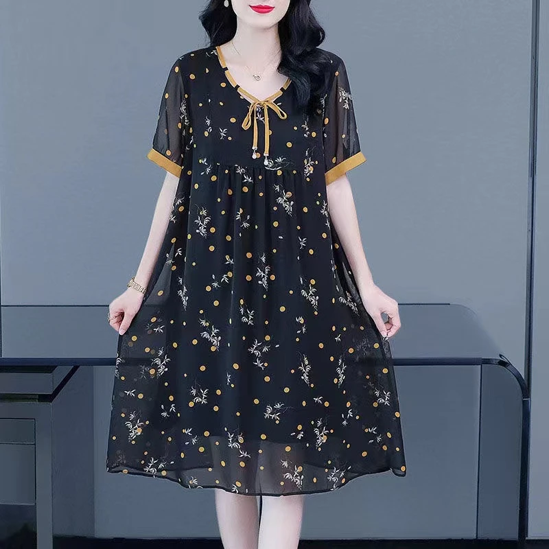 波点连衣裙女2023夏季新款韩版宽松显瘦大码遮肚子过膝气质长裙子