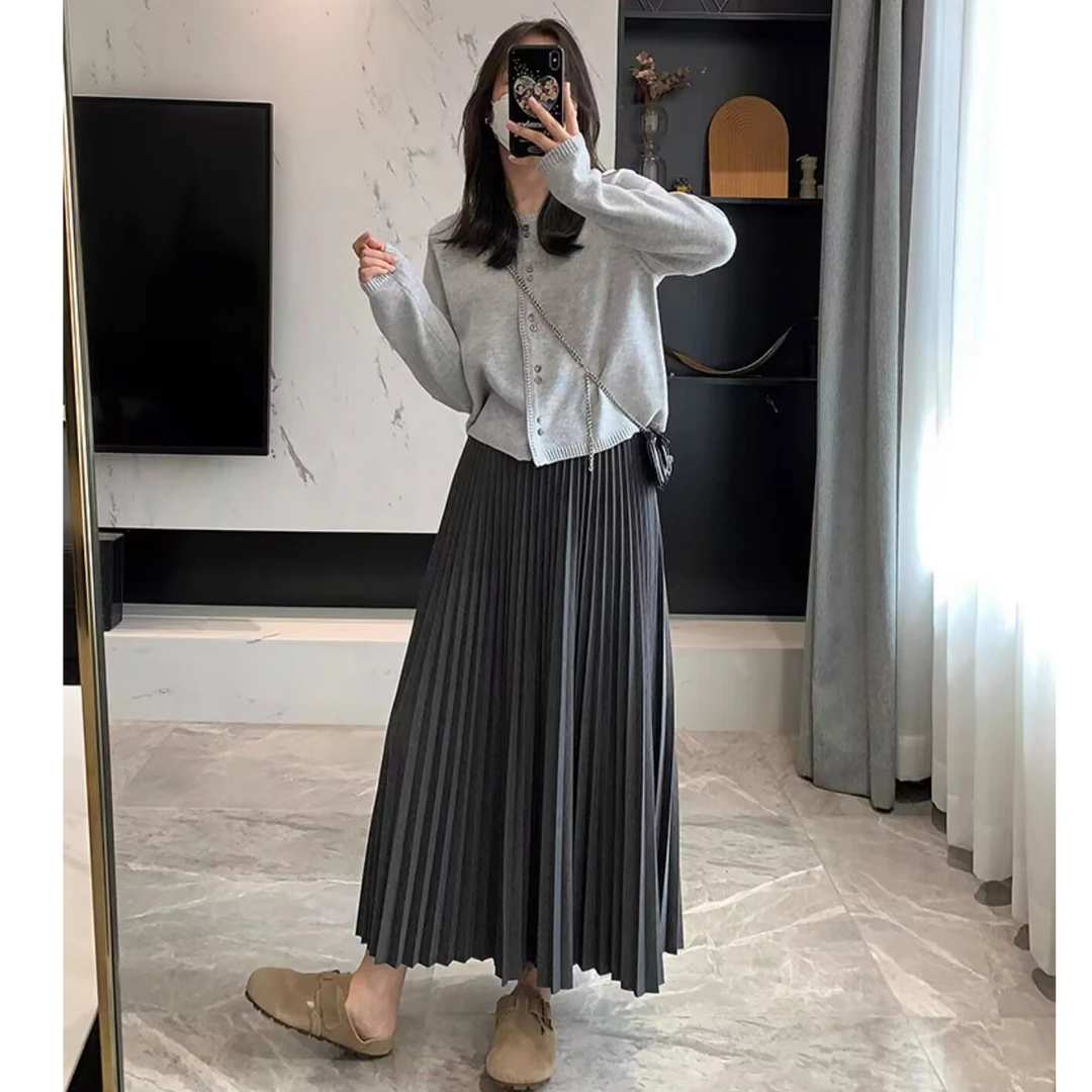 毛呢半身裙女秋冬新款2025中长款A字裙显瘦显高气质百搭百褶裙子