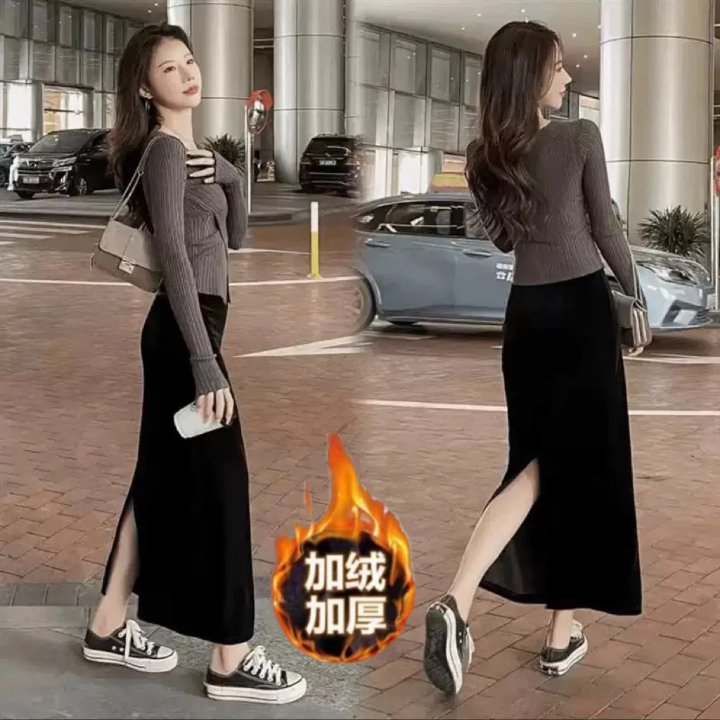 【加绒加厚】丝绒开叉松紧腰显瘦直筒一步裙秋冬新款纯色高级感裙子