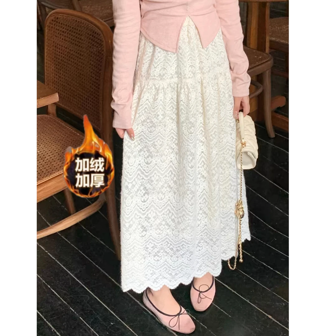 法式浪漫磨毛蕾丝半身裙女甜美垂顺秋冬2025新款宽松a字长裙气质