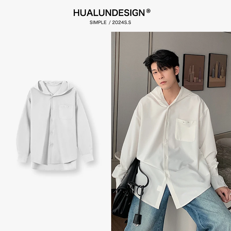 一轩轩轩【在仓现现】春秋季男连帽衬衫痞帅高级感长袖白衬衣24855