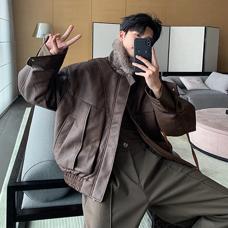一轩轩轩【暗伦浮日】冬季潮流痞帅加厚男皮毛一体夹棉皮衣外套1801