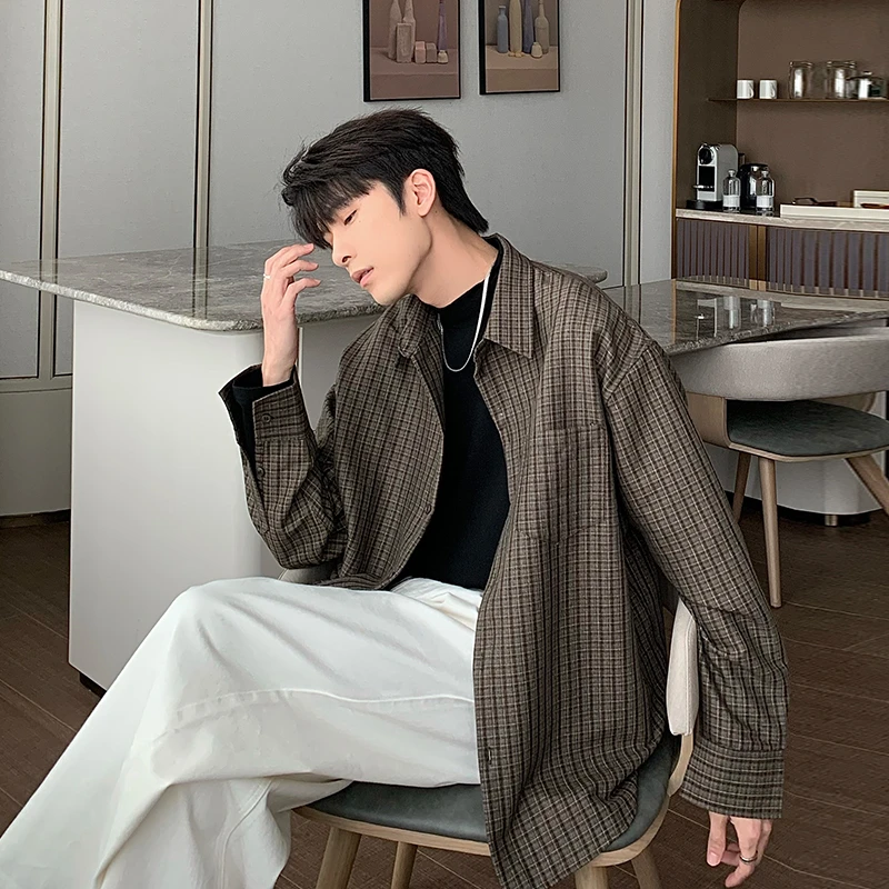 一轩轩轩【爱神信号】春秋季休闲日系潮流毛呢男百搭格子长袖衬衫A1