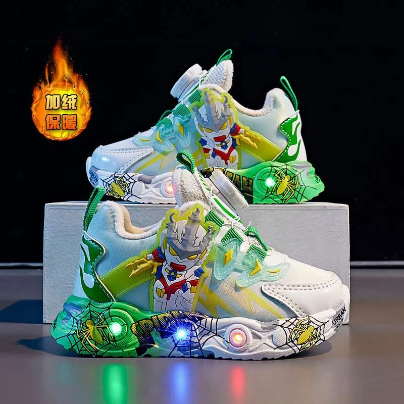 男童鞋子冬季加绒带灯旋转纽扣奥特曼防滑软底运动轻便跑步儿童鞋