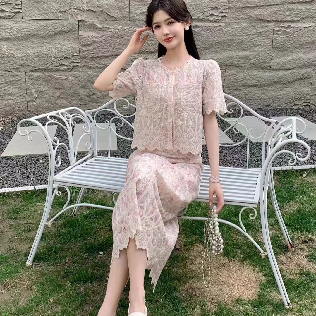小香风蕾丝半身裙套装裙女2025新款夏名媛镂空减龄洋气时尚两件套
