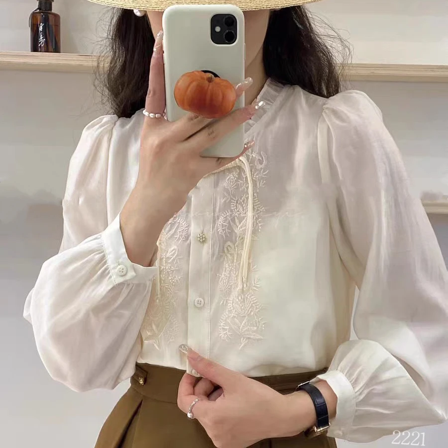 2024春季中国风时尚衬衫木耳边印花提花长袖