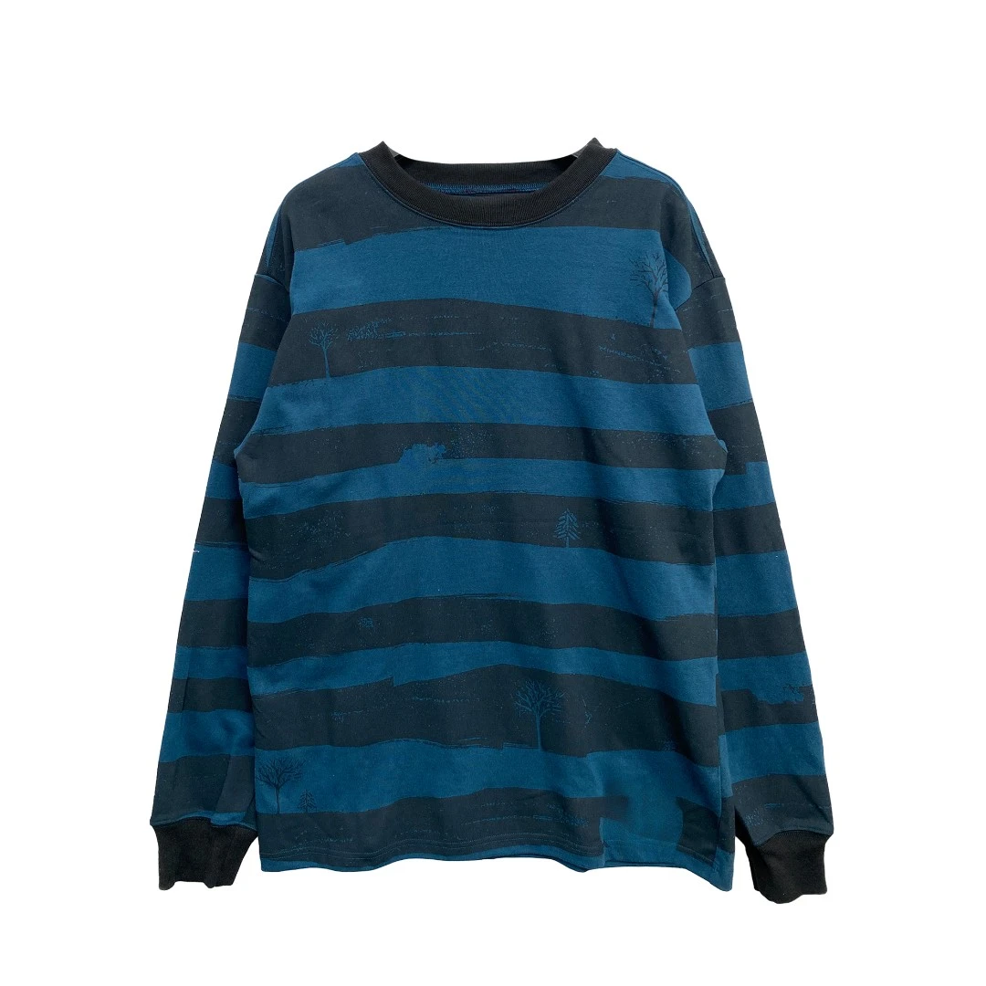 6791#黑蓝条纹长袖上衣时尚休闲百搭女士潮流圆领撞色