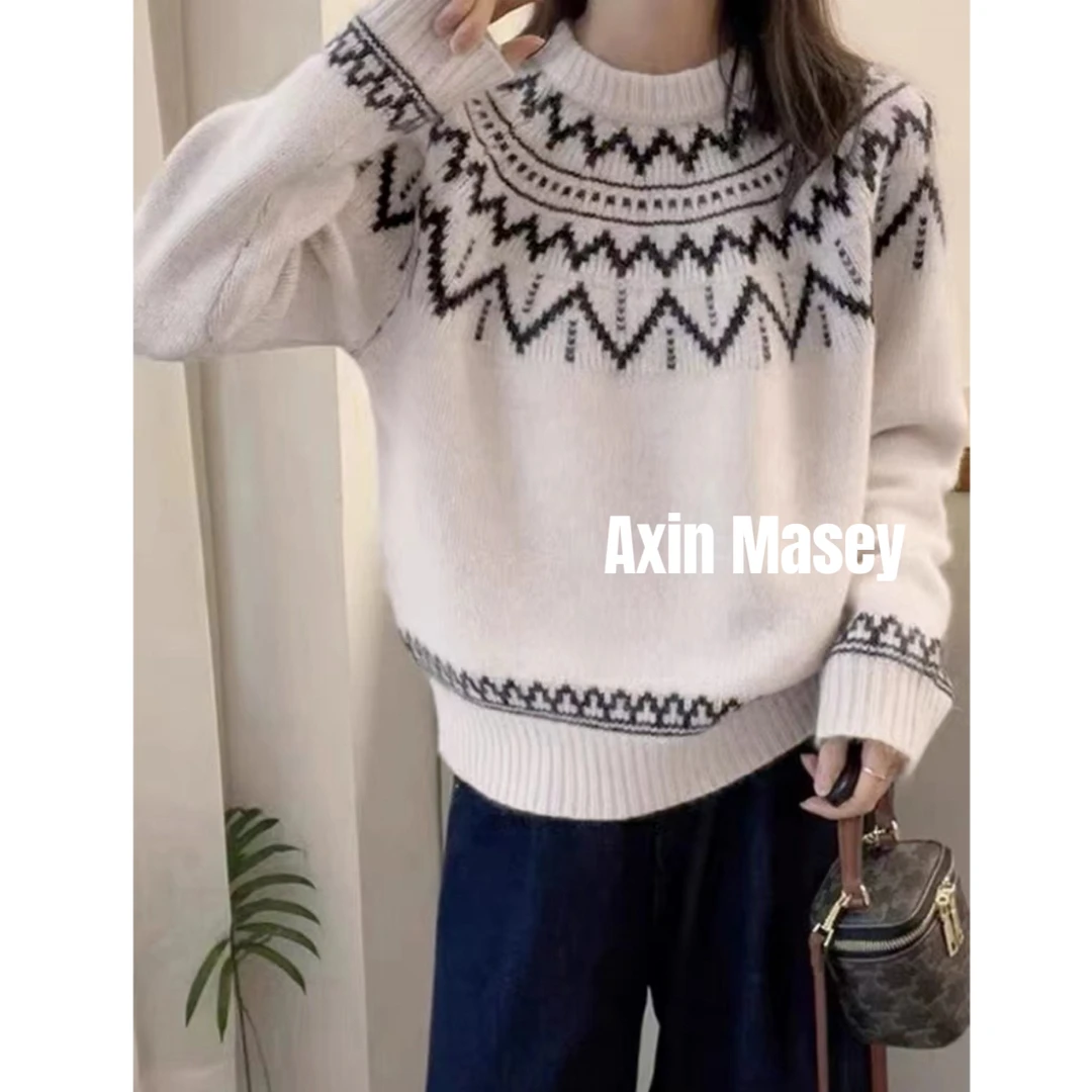 圆领民族风 绵羊毛加厚复古圆领套头针织衫女Z00756