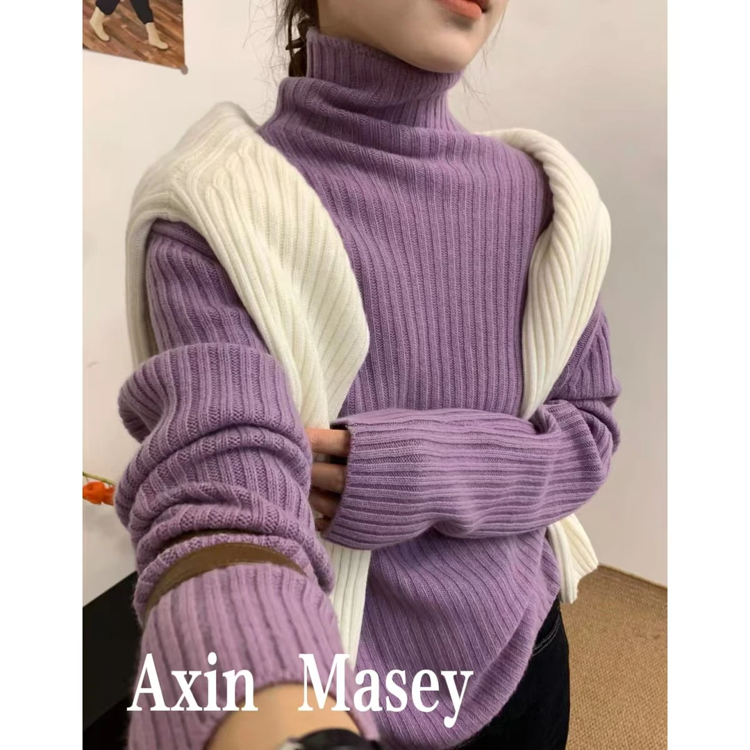 阿欣家~高领欧货竖条纹慵懒风简约内搭针织衫Z00733