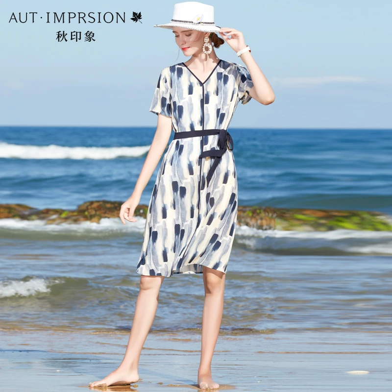 专柜精品真丝高端时尚桑蚕丝显瘦年轻气质洋气法式印花宽松连衣裙