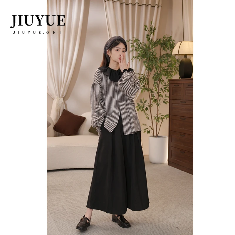 九月Oni【交响曲】条纹宽松上衣套头荷叶领衬衫显瘦气质D036A24