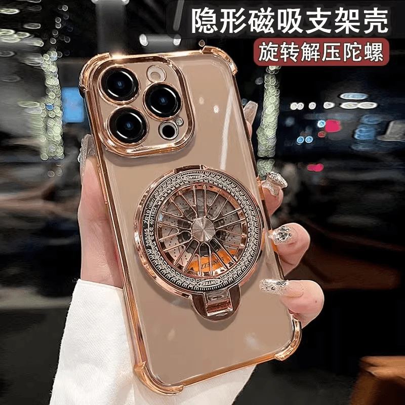 电镀陀螺支架气囊防摔适用苹果16pro/15plus/14/13promax手机壳12