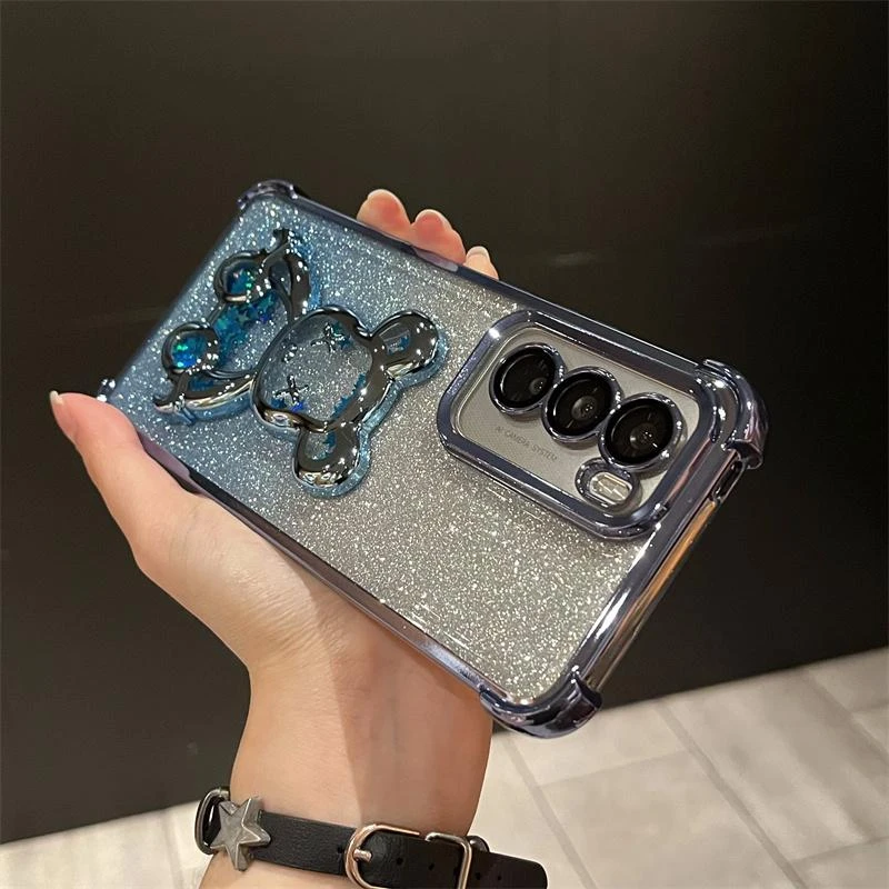 闪粉流沙熊气囊防摔适用opporeno12/11pro手机壳透明reno10保护套