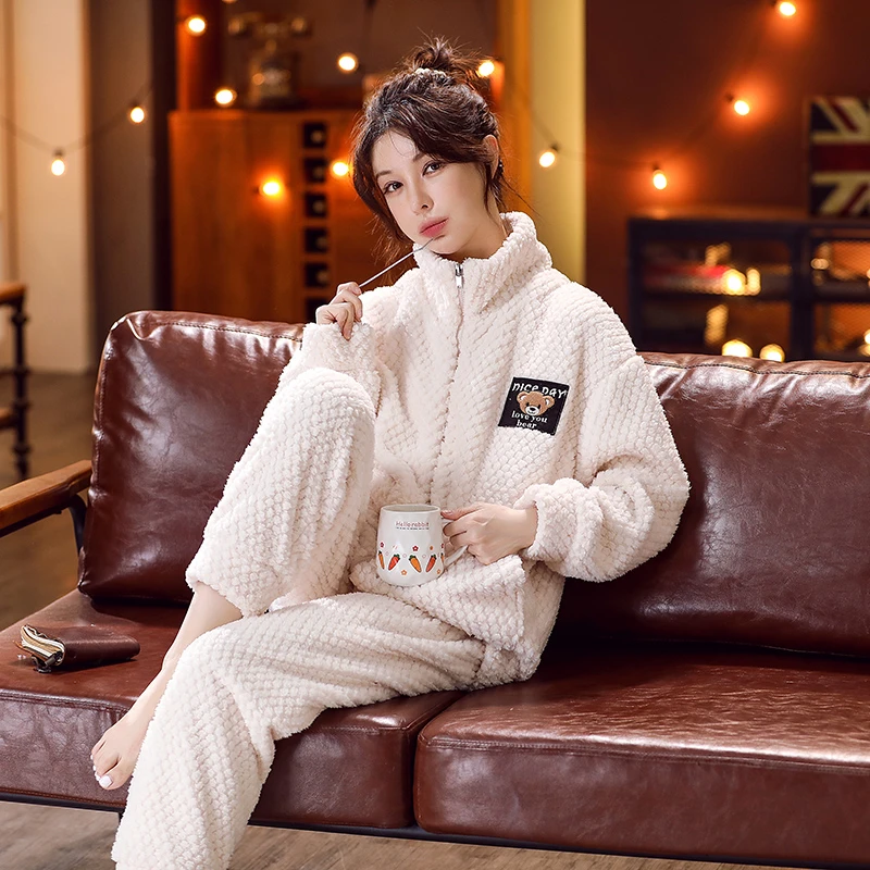 女士冬季睡衣2023新款加绒加厚法兰绒可外穿保暖时尚家居服两件套
