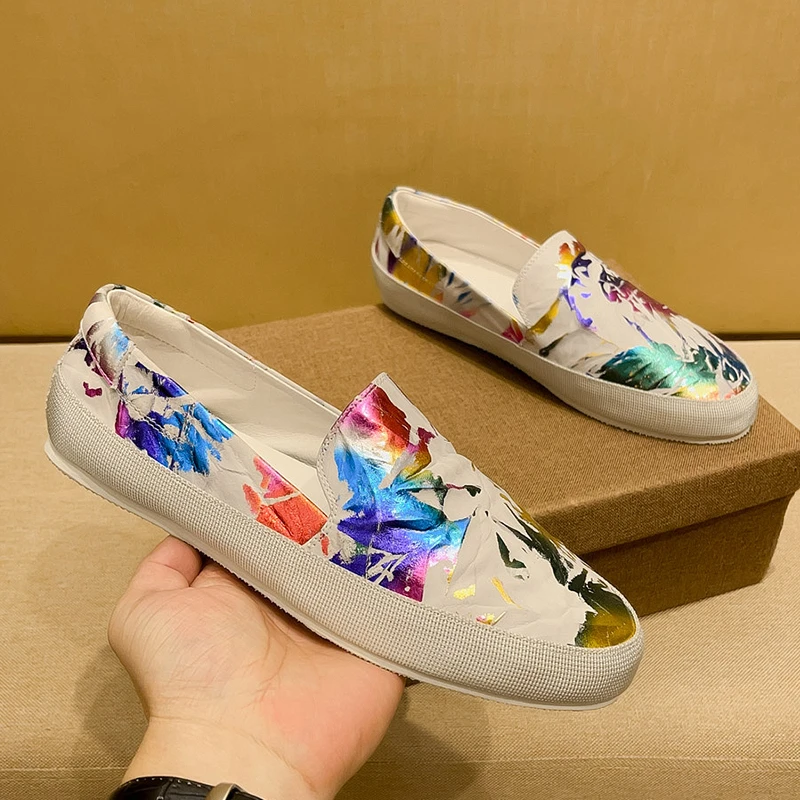 2025年新款迷彩不规则印花男士真皮乐福鞋高端透气一脚蹬懒人鞋子