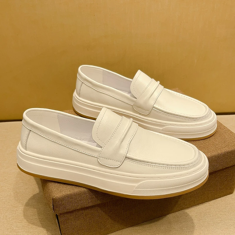 夏季新款男士百搭真皮软底厚底小白鞋白色英伦一脚蹬平底皮鞋单鞋