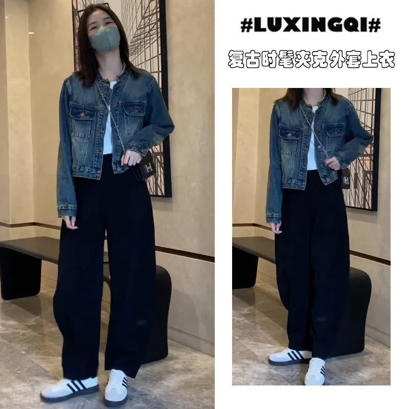 新款复古牛仔春季短款韩版宽松外套复古水洗设计圆领千金夹克上衣