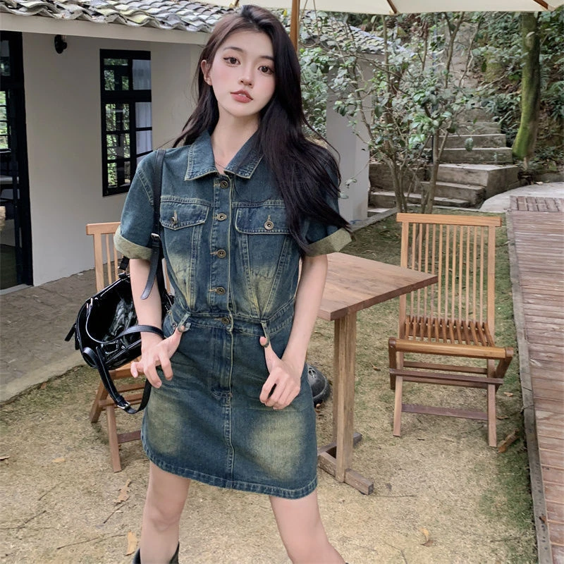 港风复古牛仔连衣裙夏季女气质休闲收腰显瘦短裙小个子法式洋气