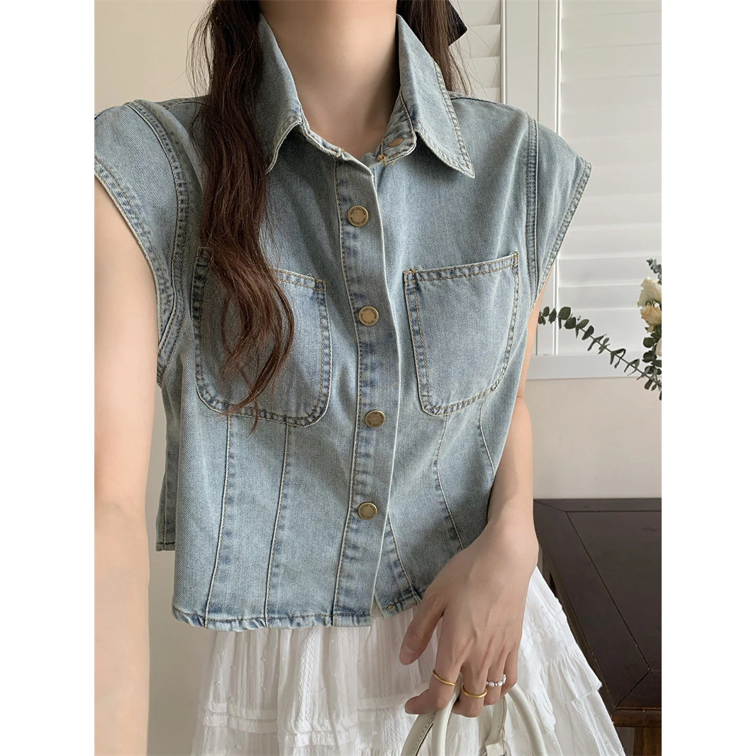 欧货小飞袖牛仔短款衬衫女夏季2025新款设计感港风小个子衬衣外套