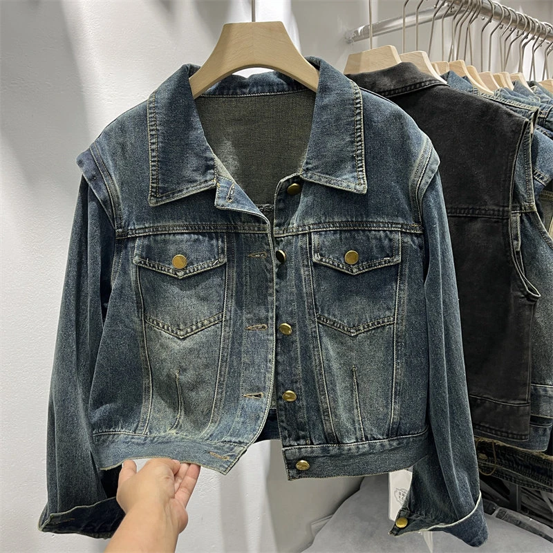 设计感复古蓝牛仔外套女新款春秋美式百搭高级感短款夹克长袖上衣