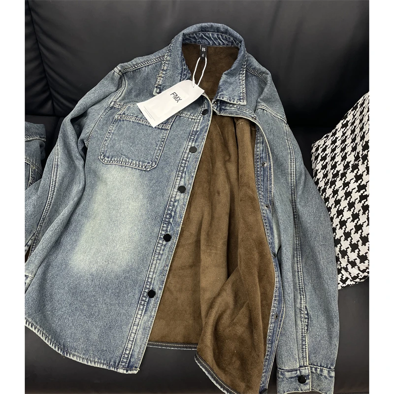 爆款港风牛仔衬衣衬衫冬季加绒加厚新款设计外套复古宽松长袖上衣