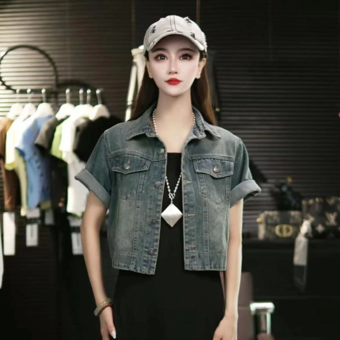夏季薄牛仔短袖外套女短款宽松休闲百搭时髦复古直筒中袖衬衫上衣
