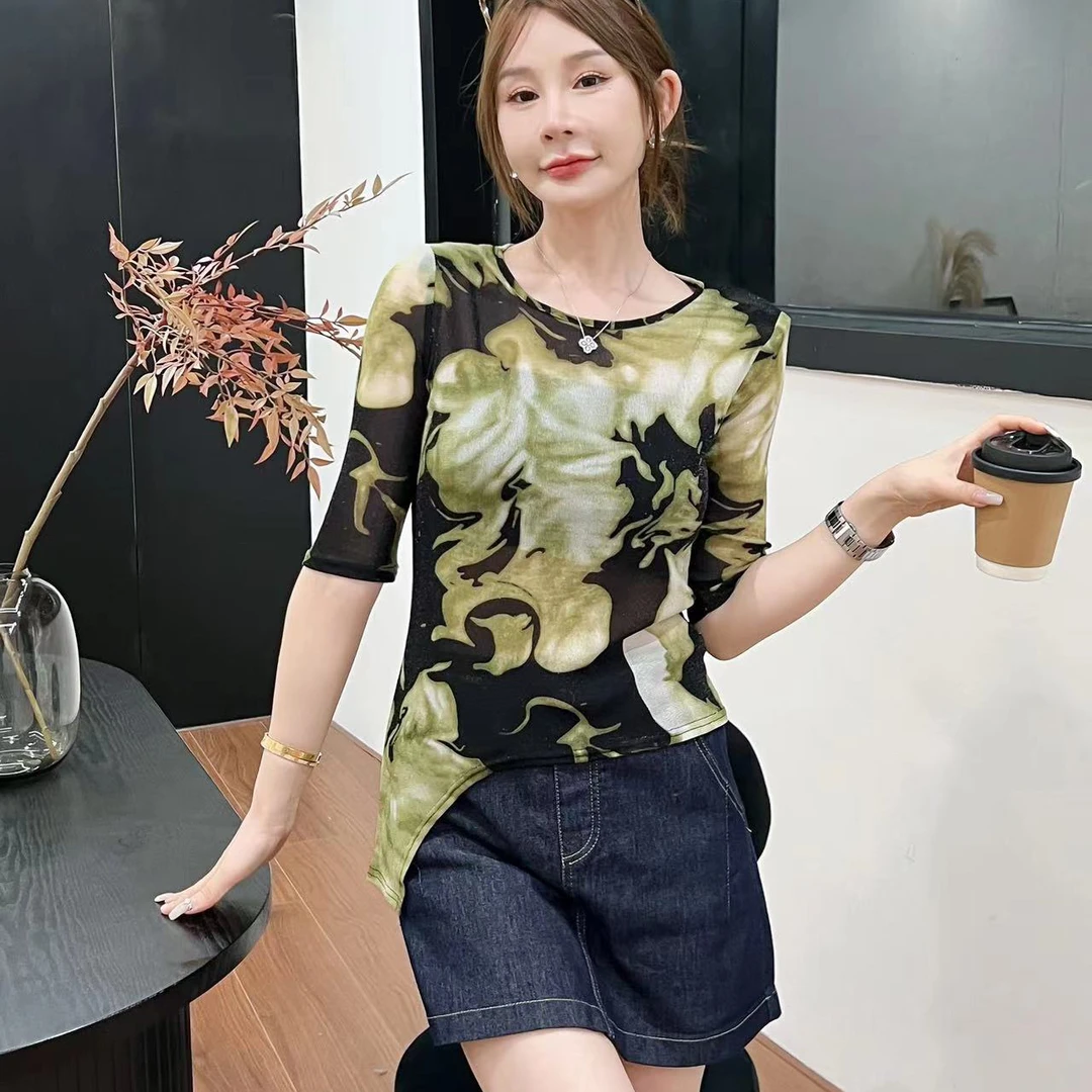 美式洋气时尚扎染设计中袖T恤女2024夏季不规则修身打底体恤上衣
