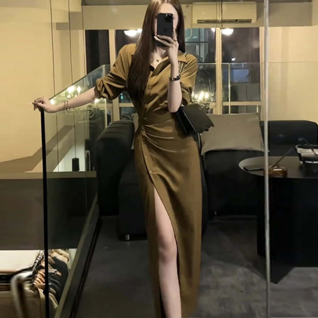 法式高级感衬衫连衣裙女夏季新款高冷御姐开叉黑色包臀长裙子秋装