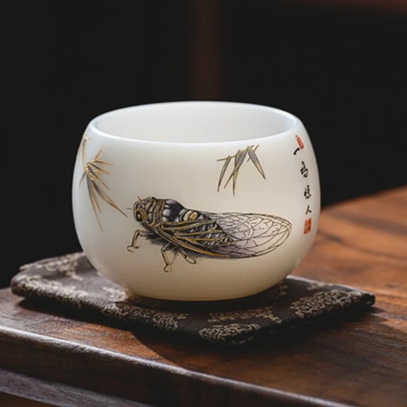 润茗茶具/郭志保大师手工一鸣惊人冰种玉瓷禅定主人杯品茗杯描金