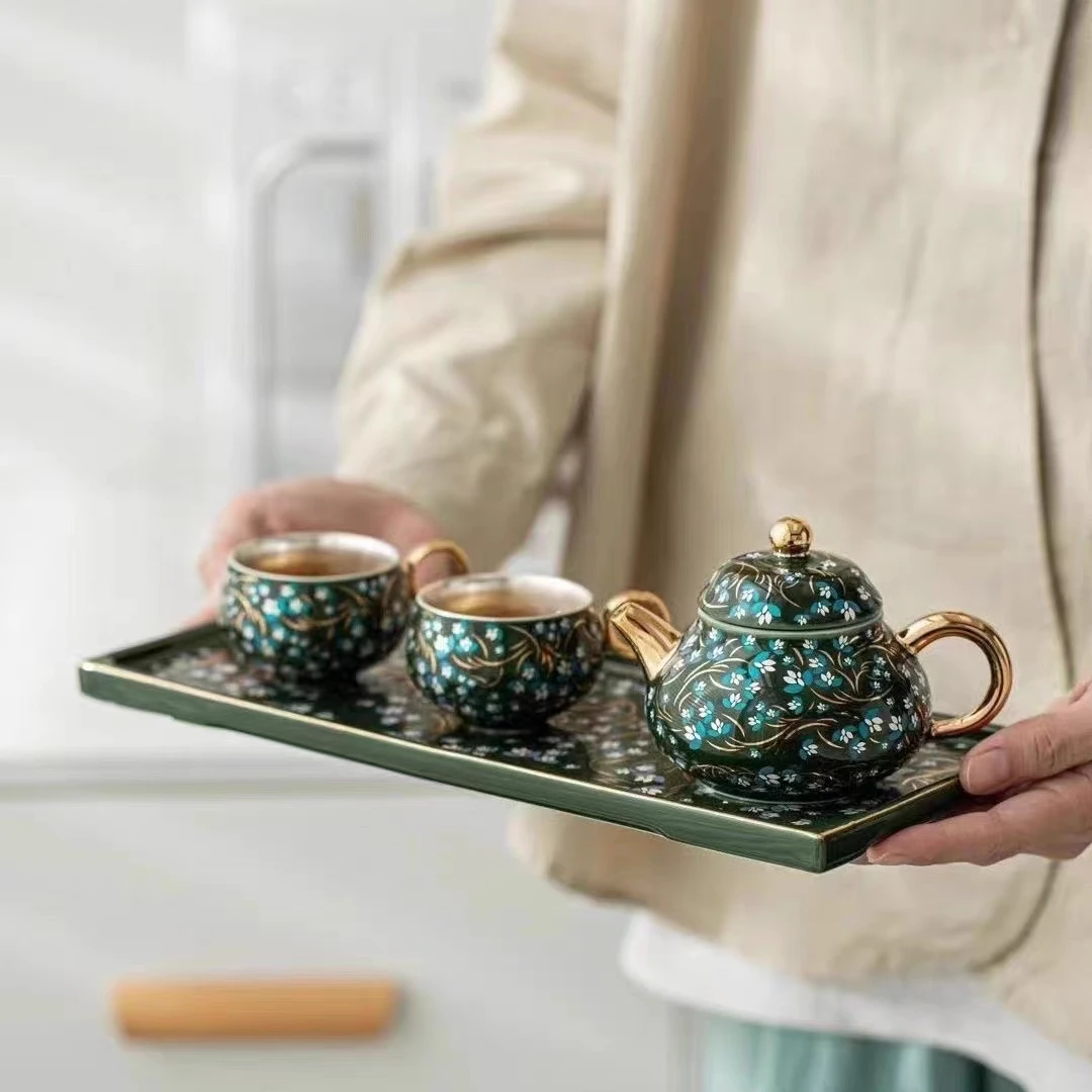 润茗茶具/郑丽卿大师金银花翡翠绿梨形壶功夫茶一壶两杯鎏银工艺