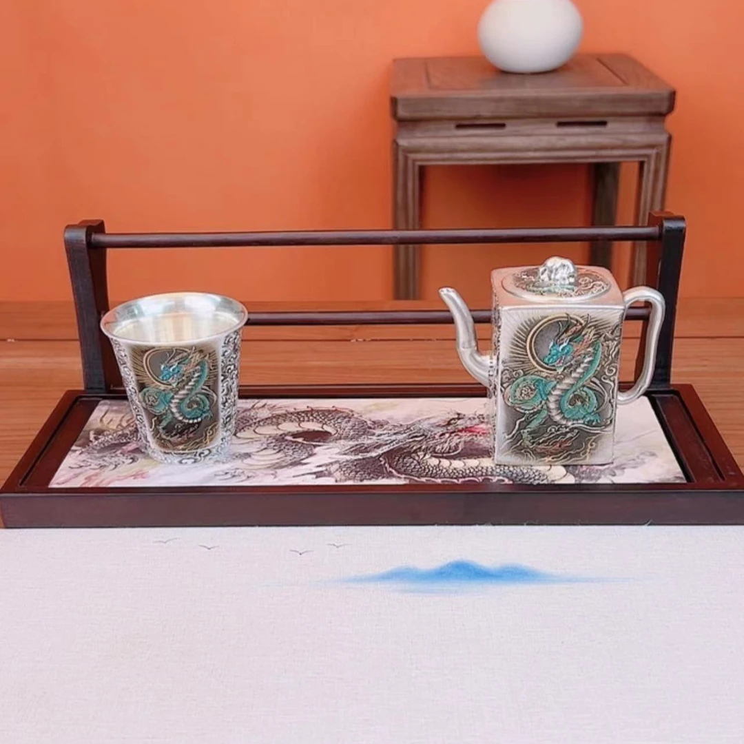 润茗茶具/祥龙瑞凤轻奢四方银壶手工鎏银工艺高端功夫茶壶套