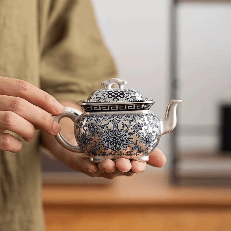 润茗茶具/郑丽卿大师银山社手工四方银壶轻奢复古青铜鼎鎏银工艺