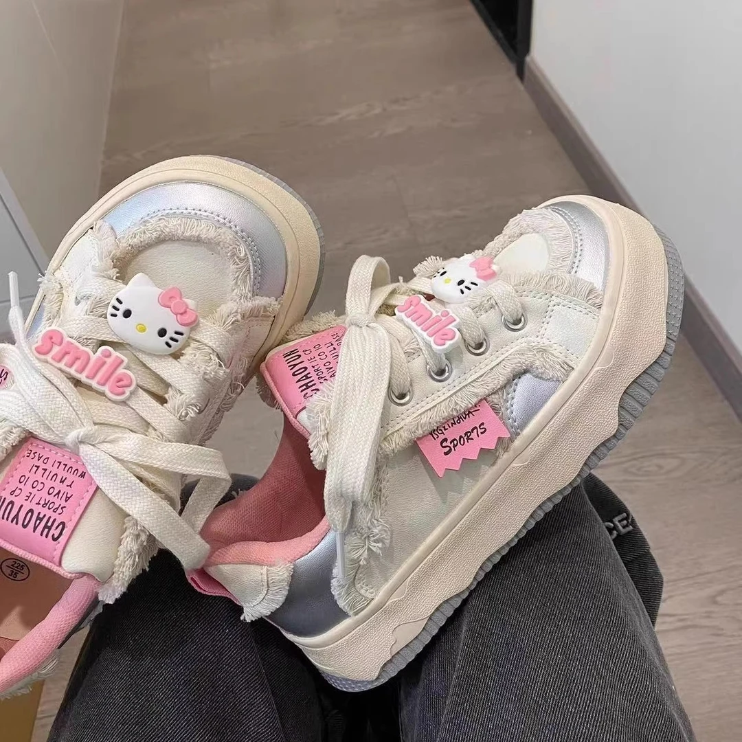 小众原创丑萌kt猫大头板鞋子女2025秋季新款厚底百搭学生小白鞋子