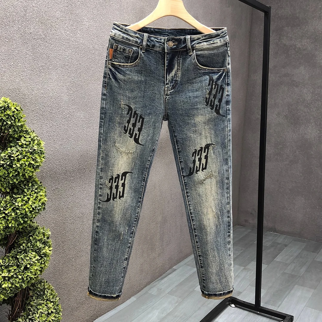 2023春秋季新款男士印花小脚裤子高端个性牛仔裤男款潮牌休闲长裤