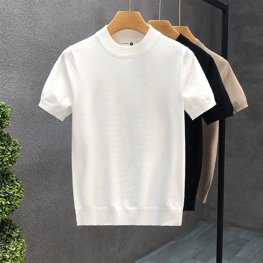 郎的极简轻奢低中领短袖毛衣男冬季打底衫男士白色薄款半袖针织衫