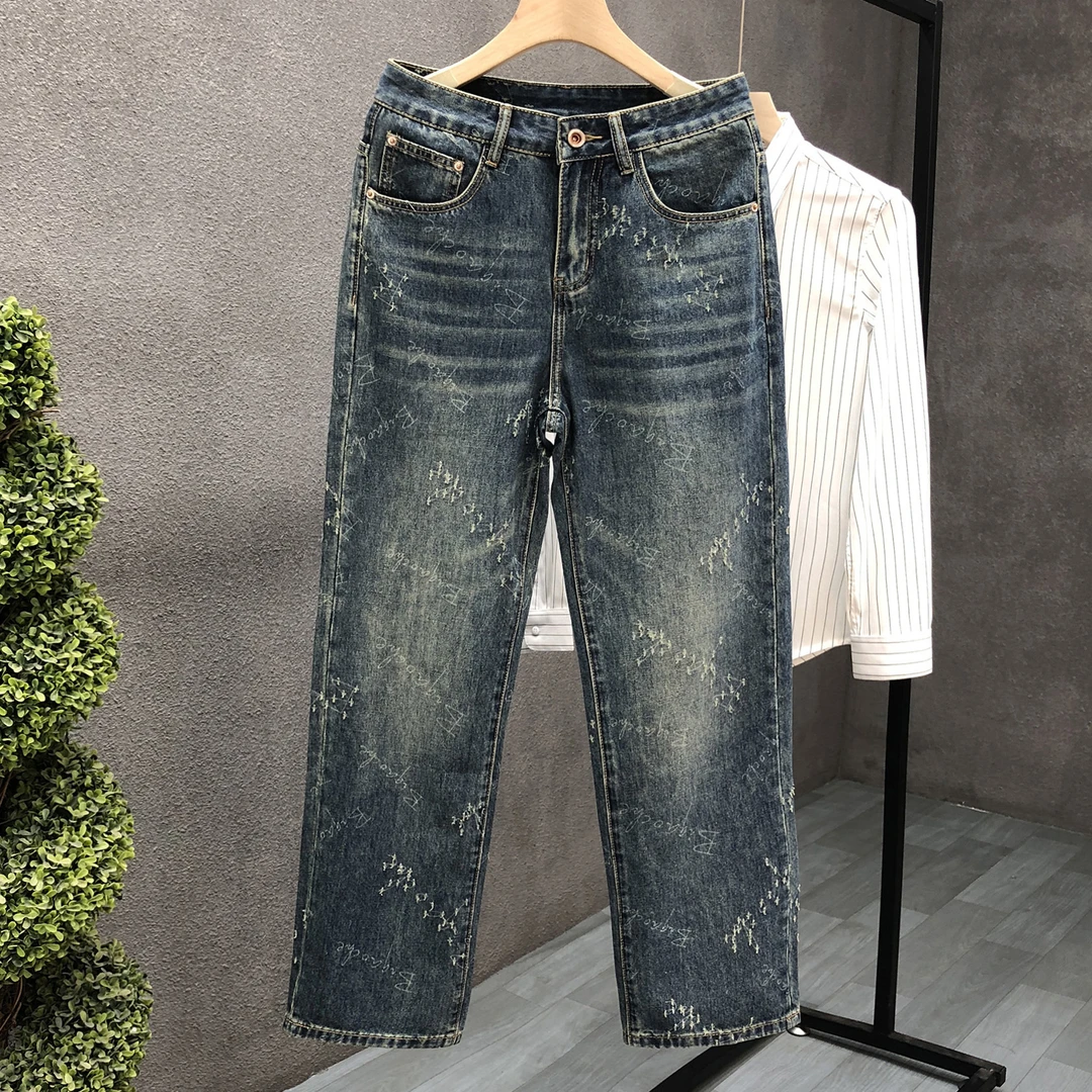 郎的高街风宽松直筒牛仔裤男款微喇长裤2024年秋冬季新款男士裤子