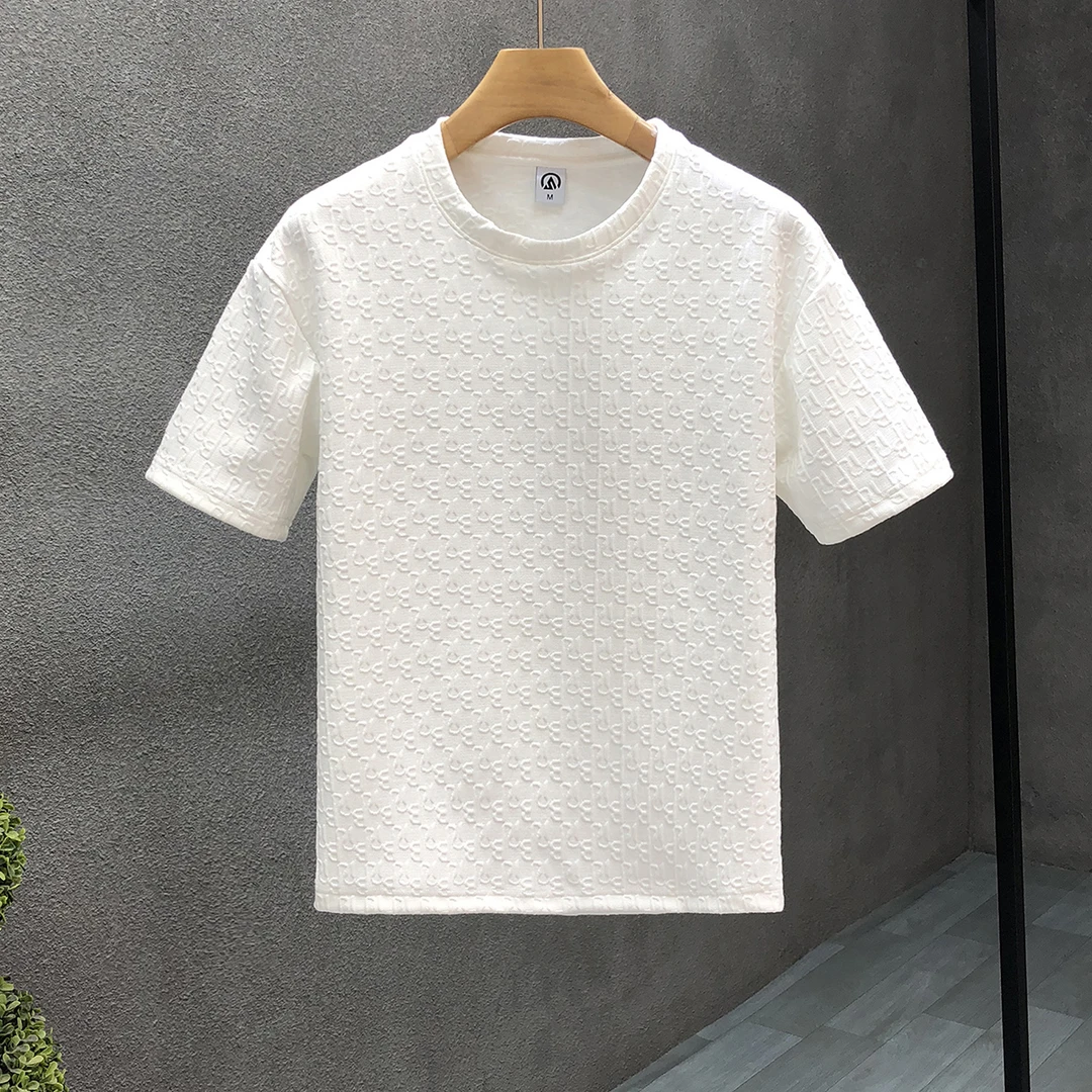 2024夏季新款男士青年衣服高级感花纹短袖t恤男潮牌潮流圆领上衣