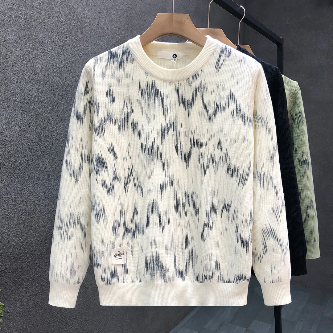 郎的高级感水墨波纹圆领毛衣男潮牌痞帅保暖针织衫冬季内搭打底衫