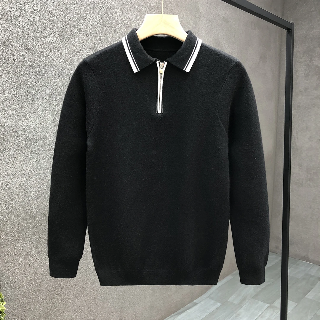 2023秋冬季新款男士打底衫轻商务翻领毛衣男潮牌半拉链薄款针织衫