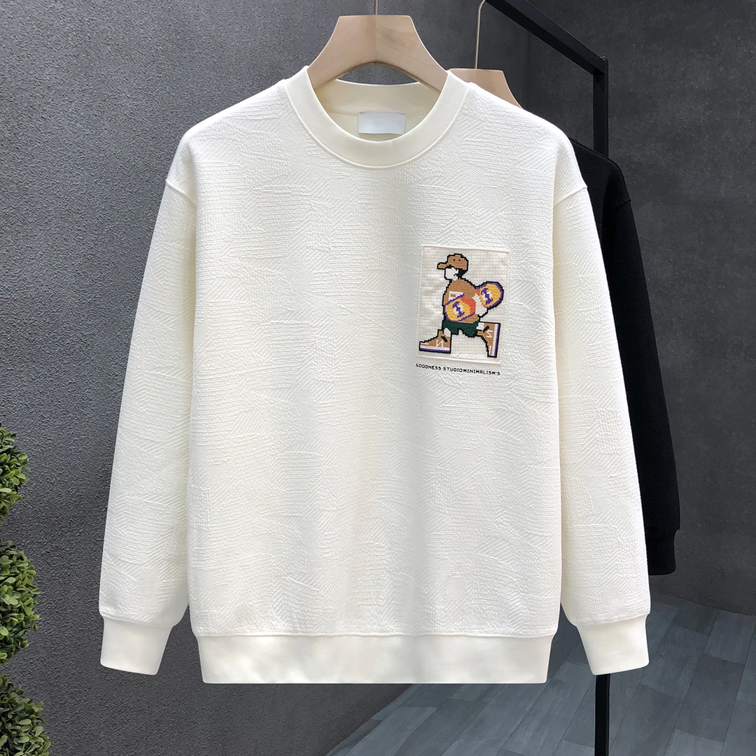 郎的进口品质暗花纹刺绣卫衣男长袖圆领外套2024秋季新款男士上衣